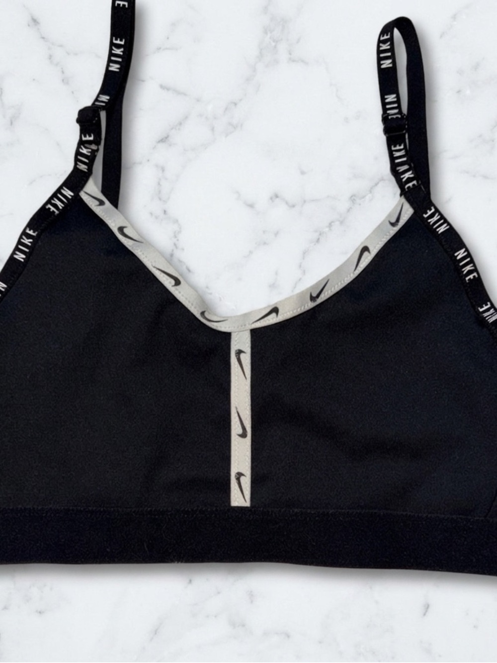 Nike Women’s Small Indy Light Support Sports Bra Black White Logo Tape Dri-FIT